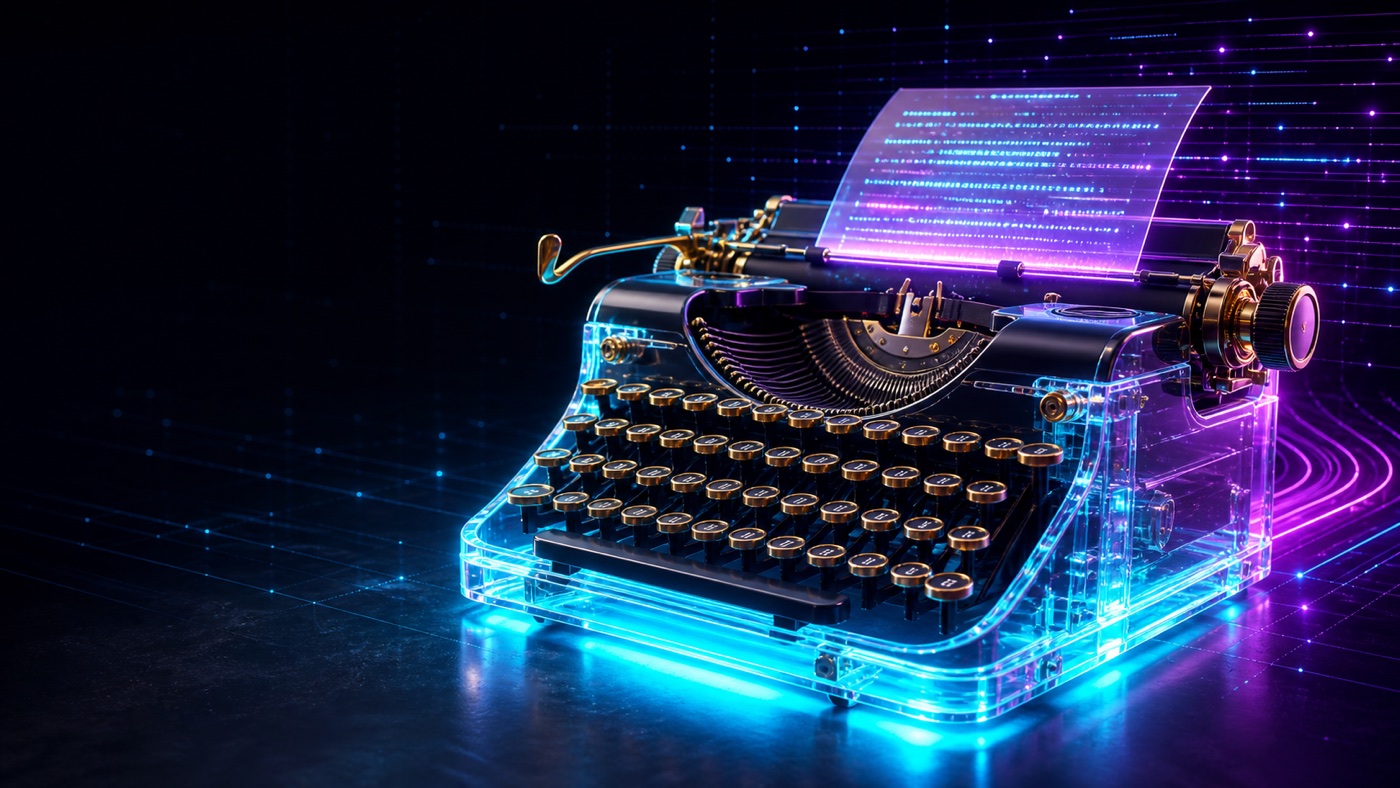 A luminous glass typewriter glowing with cyan and purple digital writing lines.